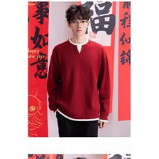 网络图现货高质量假两件红色喜庆年会圣诞新年毛衣JM5329-P55，男装针织衫/毛衣，星座715-7