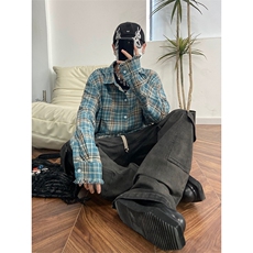 B221！美式ins高街暗黑小众毛边格子衬衫SY2320-P65控88，男装衬衫，电商B221
