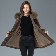 2023年冬季新款兔毛内里时尚中长款连帽大毛领棉服派克服风衣外套，女装风衣，阿丹