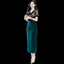 正版气质堆堆领印花上衣拼接连衣裙高腰显腿长2025年夏季新款，女装连衣裙，米雪儿