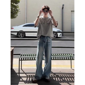 网络图，美式复古男女新款夏季微喇直筒裤牛仔裤XZ302B-1-N30P48图片