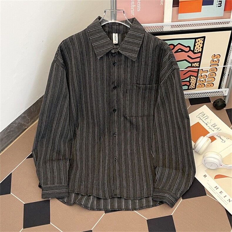 翻领日系复古条纹衬衫男女生学院风潮牌长袖宽松衬衣C008-P50，男装衬衫，星座308B-1