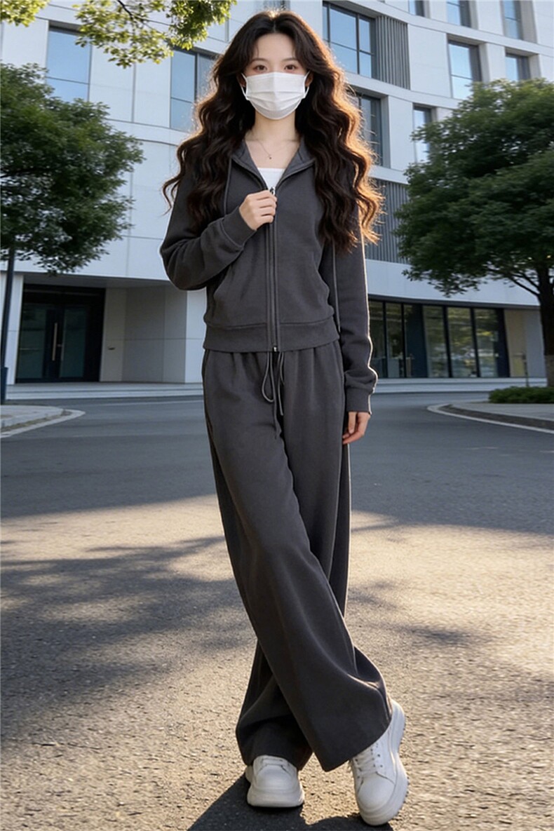 女春季新款时尚慵懒风套装灰色拉链开衫连帽长袖外套阔腿裤两件套,女装套装/套裙,江南
