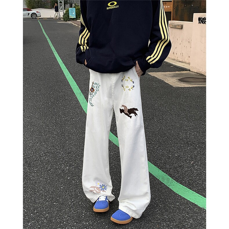 2024新款设计感花草人马刺绣直筒牛仔裤宽松牛仔裤现货K8201-P42,男装牛仔裤,星座512-3