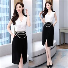 现货2023年夏季时尚撞色拼接修身连衣裙送腰带，女装连衣裙，卡杰菲