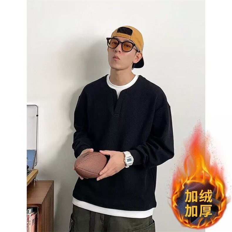 加绒加厚华夫格假两件卫衣男秋冬季2024新款高级感圆领长袖打底衫,男装卫衣,星座506A