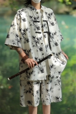2025夏季新中式冰丝垂感花衬衣宽松休闲五分套装男TZ655-P58控78，男装休闲套装，电商C305A