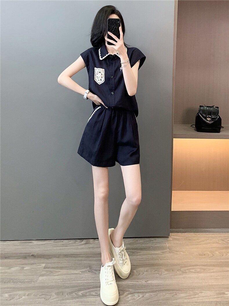 欧货高级感时尚休闲套装女夏款设计感纯色翻领刺绣上衣短裤两件套,女装套装/套裙,江南