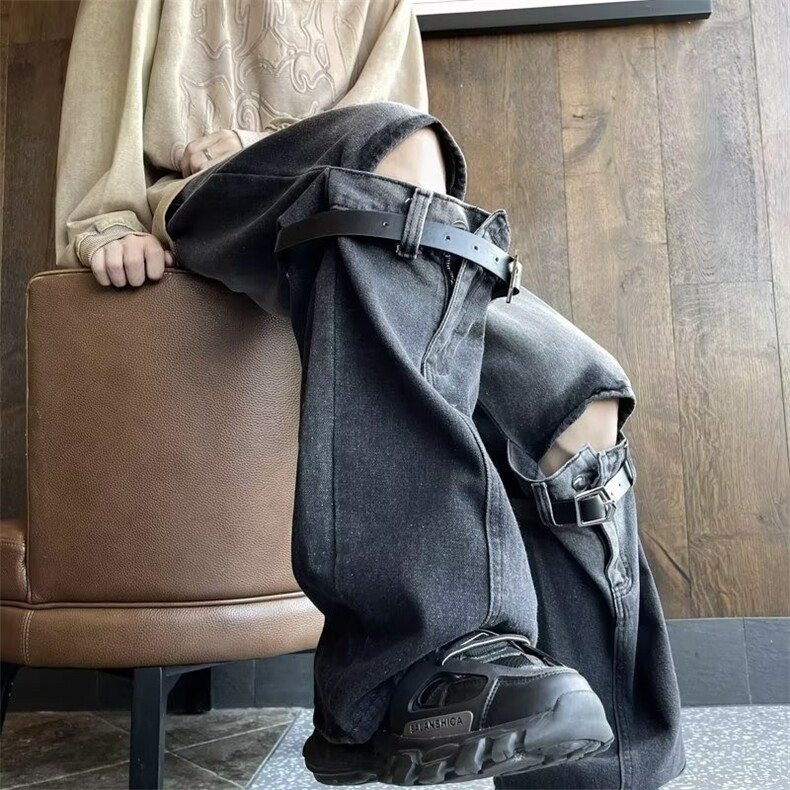 做旧高街牛仔裤男女微喇叭高腰拼接设计感休闲百搭长裤DHWH13/P58,男装牛仔裤,星座506