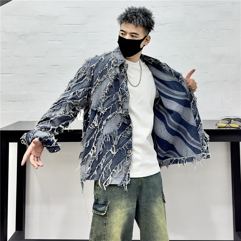 秋季小众毛边流苏设计感时尚牛仔夹克男炸街网红高级感短款外套潮,男装夹克,星座218-1（原230）