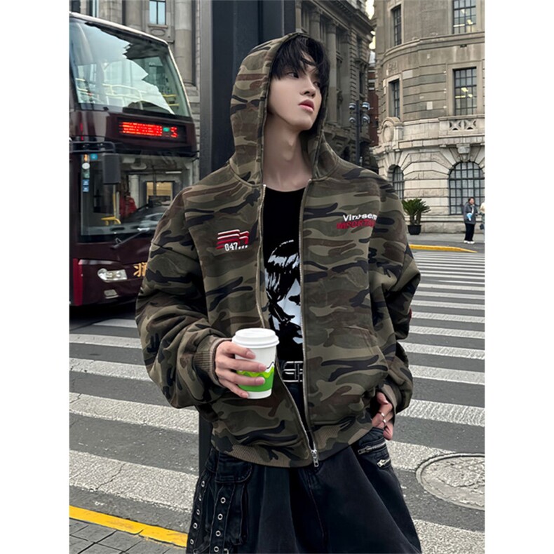 W226复古美式迷彩开衫卫衣欧美街头hiphop痞帅拉链连帽外套,女装短外套,星座308A-1（原309B-1）