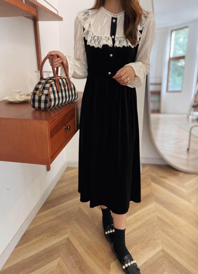 丝绒拼接蕾丝。显瘦哦～，其它，德咔俪