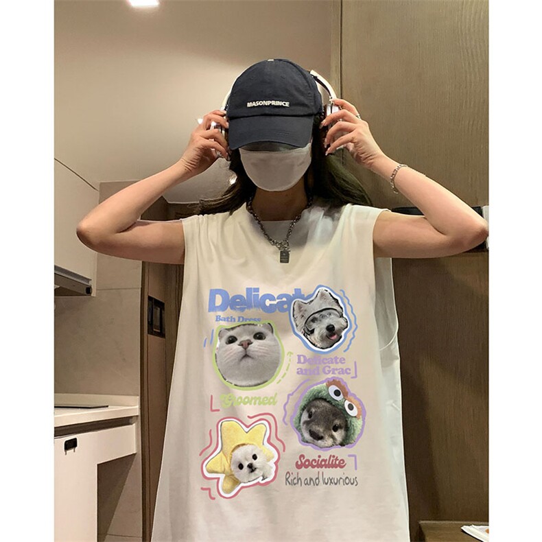 美式无袖vibe纯棉T恤慵懒风小猫咪印花休闲宽松打底衫HY580TP18，男装T恤，电商A102B