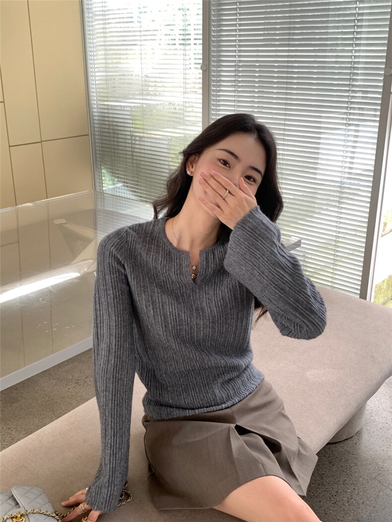 新款水滴领女纯色修身套头上衣针织衫,针织衫/毛衣,玛卡隆羊绒