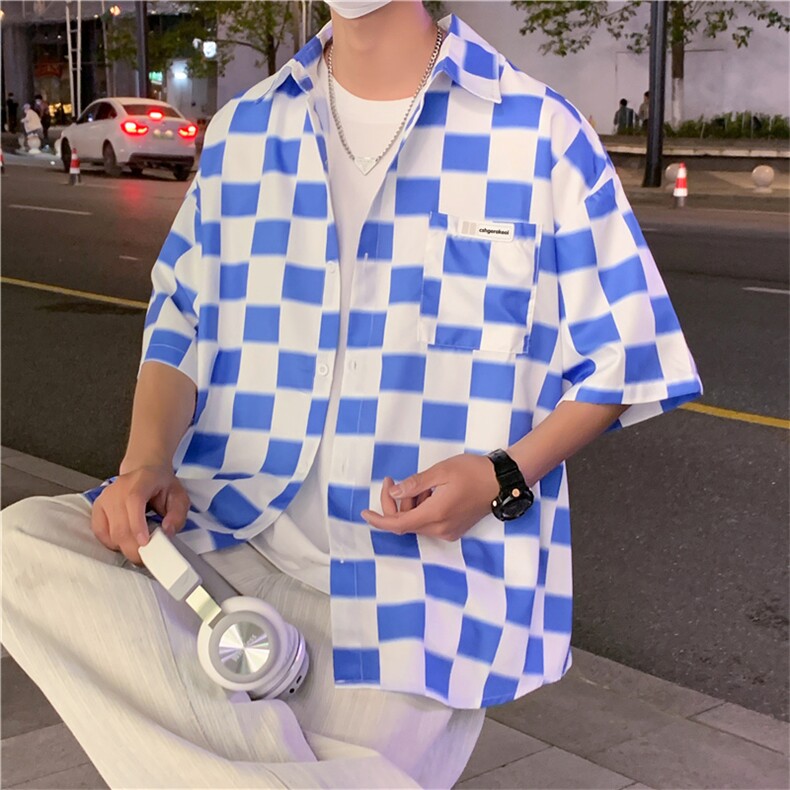 棋盘格短袖衬衫男设计感小众2023新款韩版宽松衬衣潮CS0754-P35,男装衬衫,星座308B-1