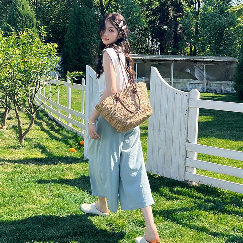 夏季新款撞色毛边背心阔腿裤两件套2025女蓝色清冷松弛感穿搭套装,女装套装/套裙,2C122