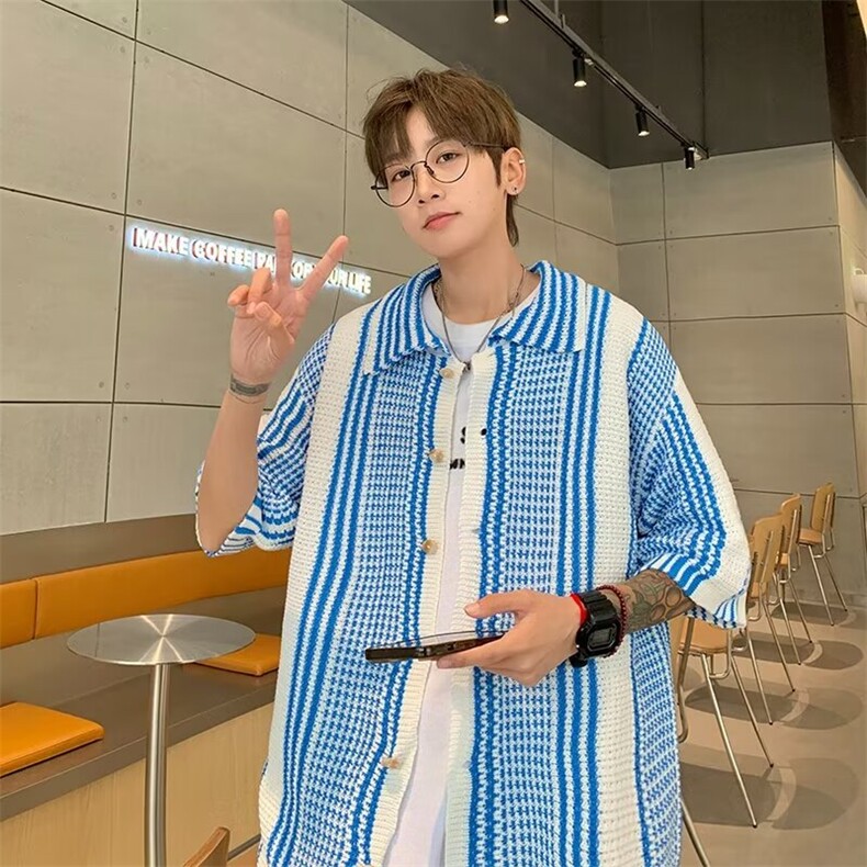 夏季条纹针织时尚格子短袖衬衫开衫舒适透气C109p38,男装衬衫,星座1013
