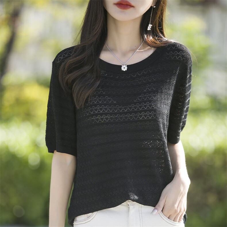 2025新款针织短袖T恤女夏季妈妈装洋气大码圆领宽松遮肚针织上衣,女装T恤,萱芳婷羊绒