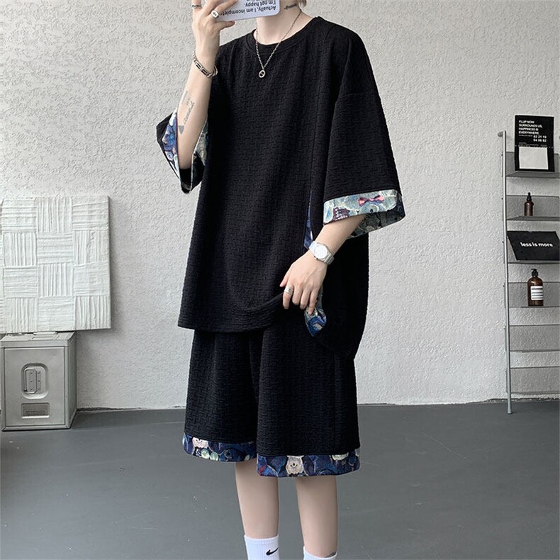 TZ789-特P55控98夏季T撞色拼接小熊大码短袖短裤凉感冰丝套装,男装牛仔裤,电商A059
