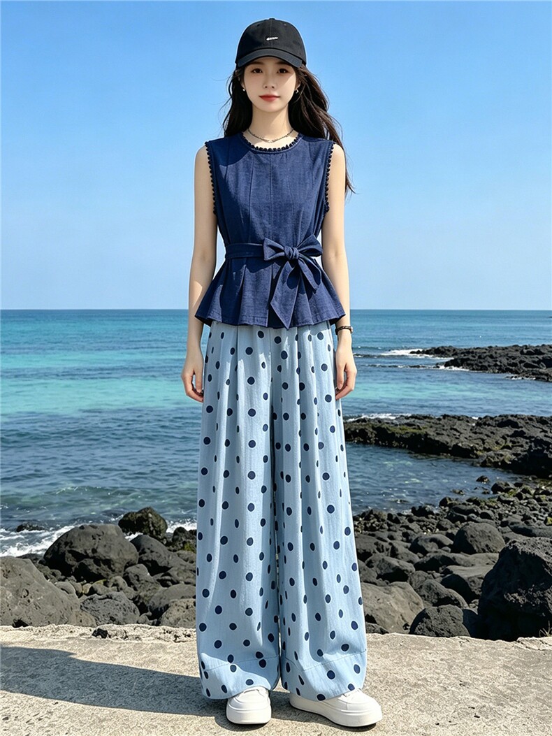 松弛感时尚洋气套装女夏季新款圆领无袖收腰上衣波点阔腿裤两件套,女装套装/套裙,江南