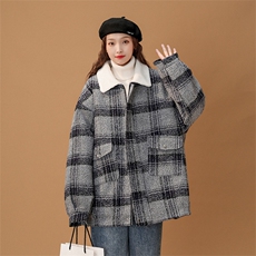 毛呢羊羔绒外套秋冬格子加绒加厚棉服美式高街外套A170-M809-P128，男装棉衣，电商A170