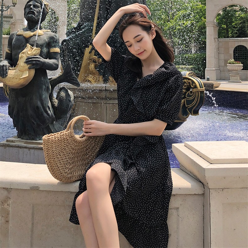 简约个性拼色中长款短袖连衣裙2021年夏季时尚潮流舒适,女装连衣裙,寒都衣屋