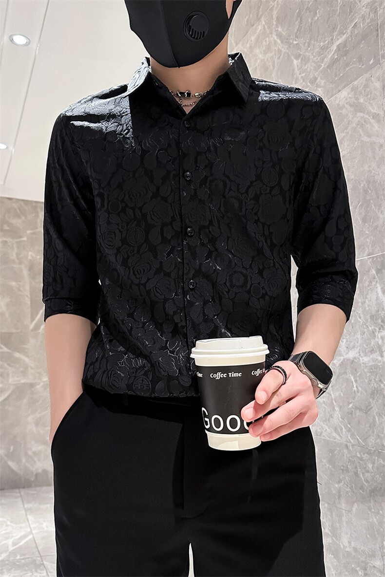 店主风社会小伙男士七分袖衬衫男痞帅修身衬衣301A-1/CS420/P55,男装衬衫,星座301A-1