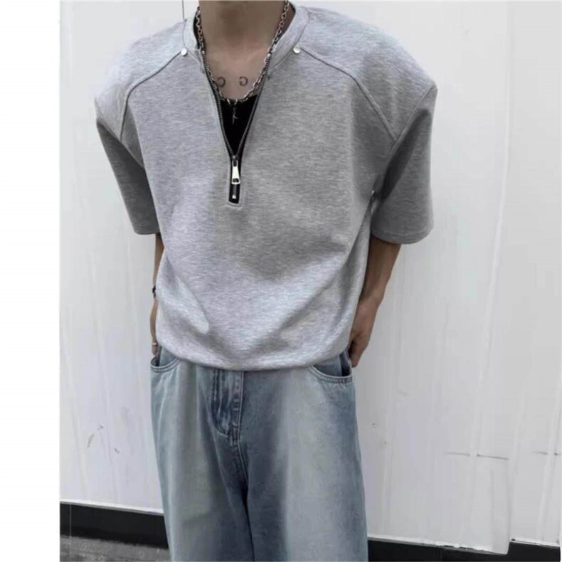 重磅正肩美式短袖T恤拉链半袖上衣曼巴棉310A-4-T104-P26,男装T恤,星座310A-4