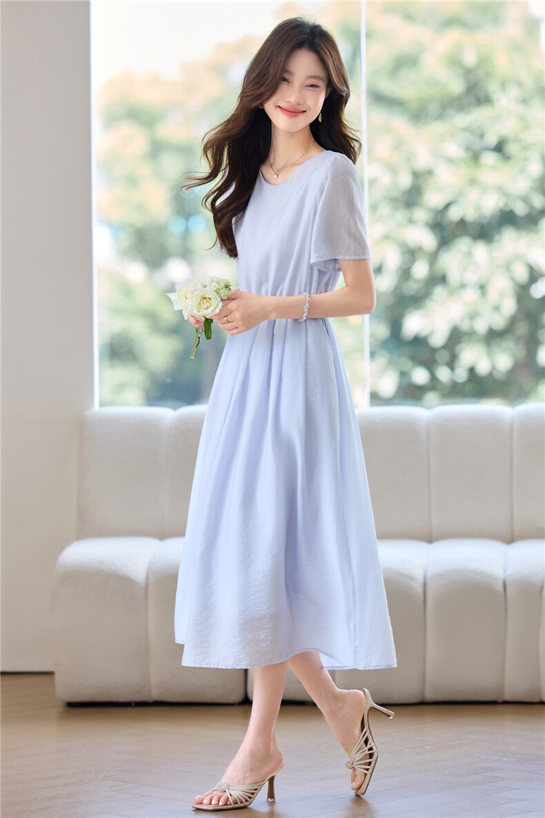 现货女士连衣裙2025夏季新款时尚洋气减龄休闲百搭短袖中长裙裙子,女装连衣裙,木子恋