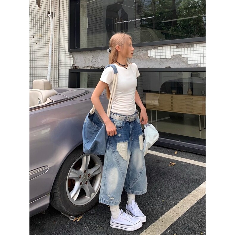X376-P55复古新款水洗破洞牛仔七分裤高街宽松显瘦阔腿中裤子潮,男装牛仔裤,星座911
