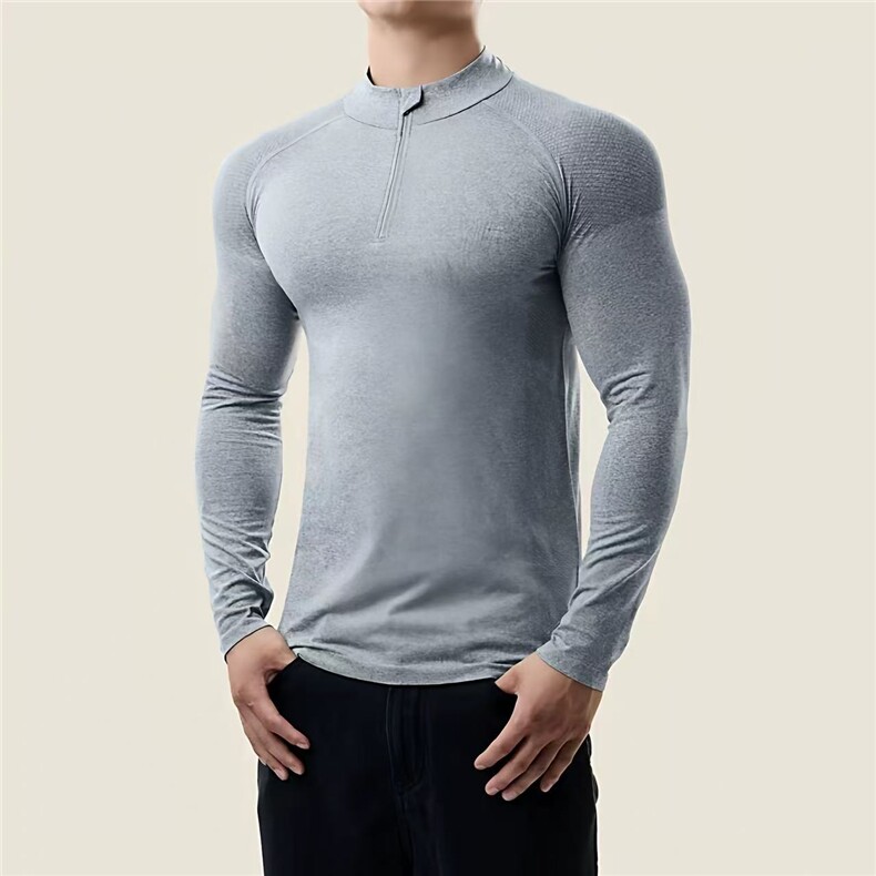 无缝拉链修身长袖T恤提花训练健身户外打底衫运动速干CT46P40特，男装T恤，电商D256