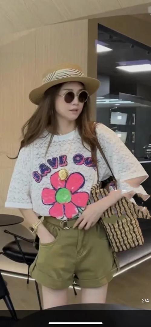 夏季新款韩版洋气字母太阳花蕾丝大版T恤,女装T恤,L·H·X