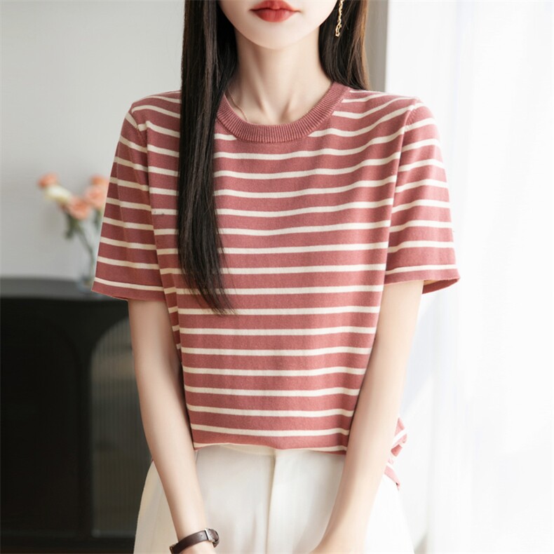 条纹圆领纯棉针织短袖T恤女2025夏宽松背心半袖百搭小衫打底上衣,女装T恤,秋双羊绒