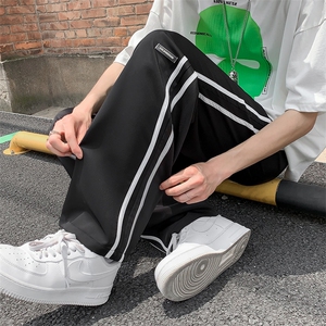 港风夏款男休闲裤冰丝裤贴标条纹拼接休闲长裤h0121 P30图片