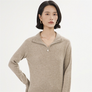 秋冬新款休闲拉链立领山羊绒衫女羊毛长袖套头宽松显瘦毛衣针织衫图片