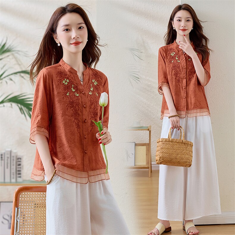 现货夏季套装女2025新款简约直筒裤优雅气质天丝麻刺绣衬衫两件套，女装套装/套裙，魅影