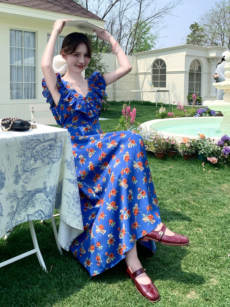 时髦前后两穿碎花小飞袖连衣裙女2025夏季休闲蓝色荷叶边拼接长裙,女装连衣裙,千寻