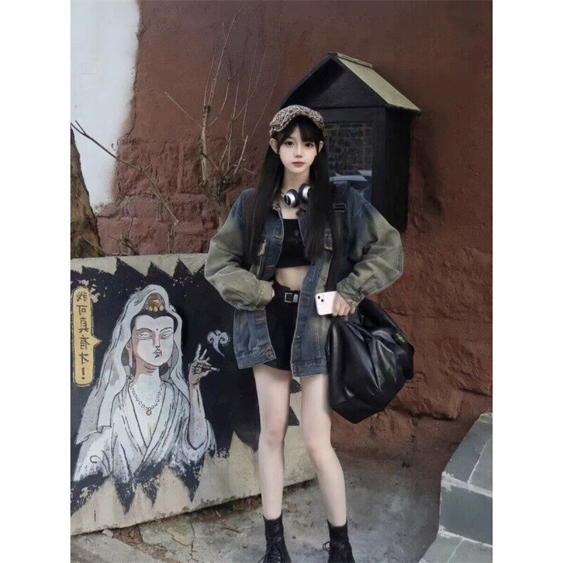 复古蓝水洗底特律牛仔夹克外套男女春季美式潮牌拼接设计机车服图片