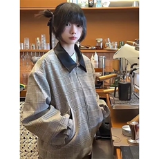 得物品质秋款男女条纹假两件夹克衫PU皮领千鸟格外套AK41P90，男装夹克，星座1013-1