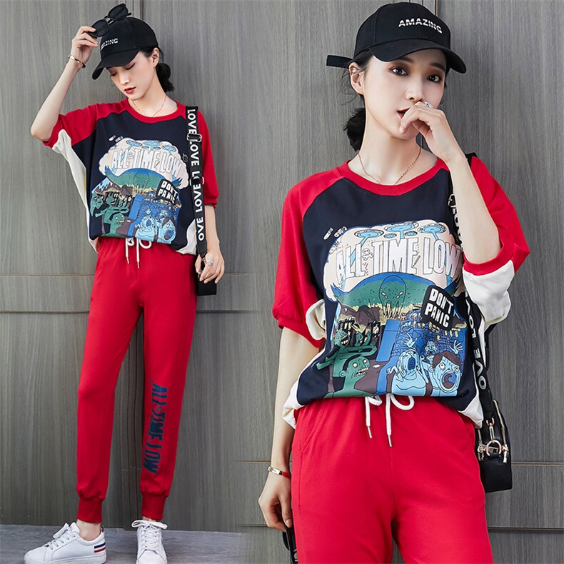 2020新款韩版夏季卡通图案原宿短袖T恤女配休闲运动服,女装套装/套裙,凯瑟曼
