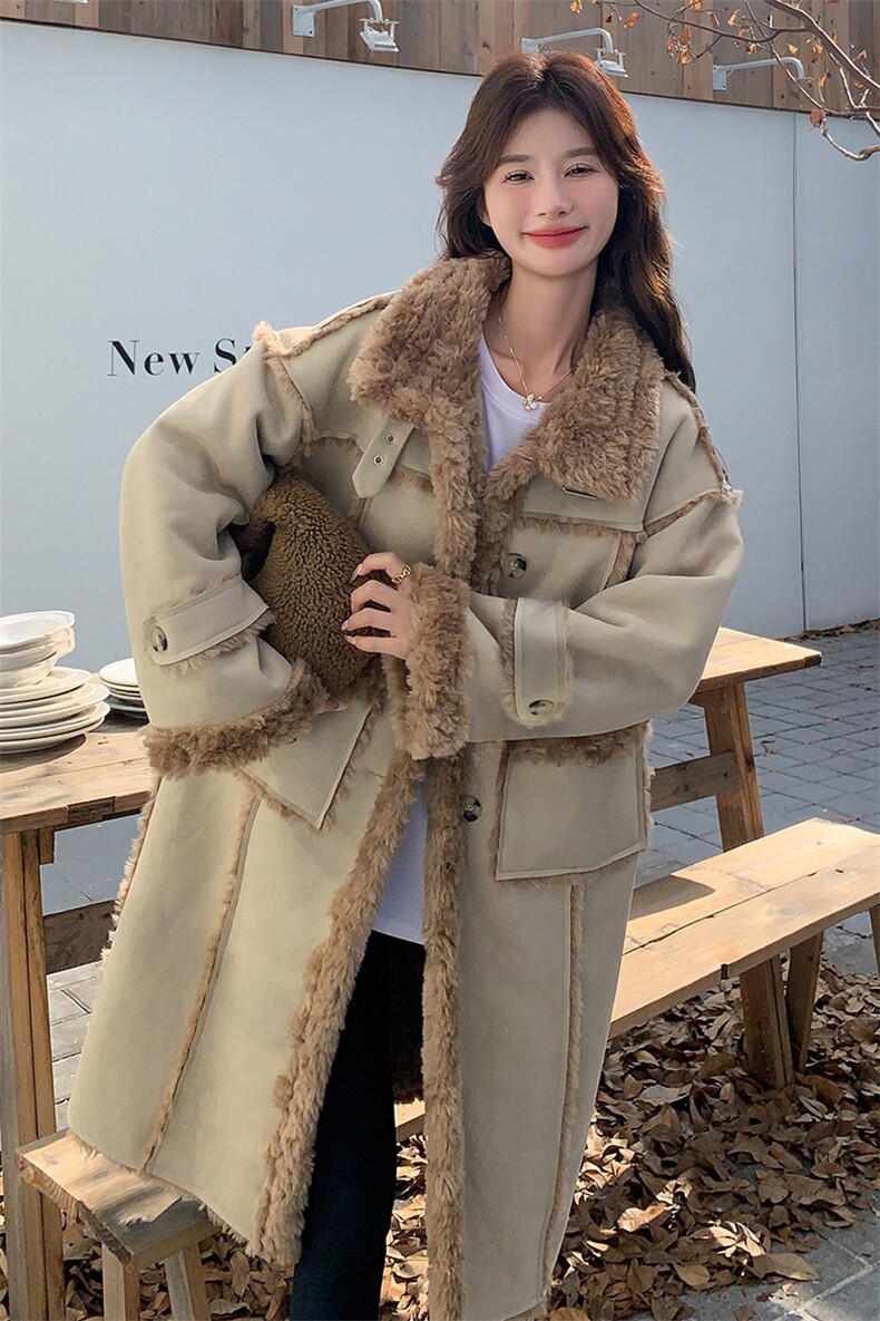 韩版加厚中长款拼接皮毛一体大衣女2025冬季新款显瘦保暖棉衣棉服,女装皮草,2C115