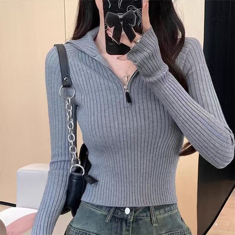 2025秋冬新款简约百搭高领半开领修身针织衫，女装针织衫/毛衣，秀阁羊绒