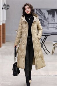中长款系带羽绒服女2023冬季新款韩版连帽长袖保暖修身中长款外套，女装羽绒服，素月