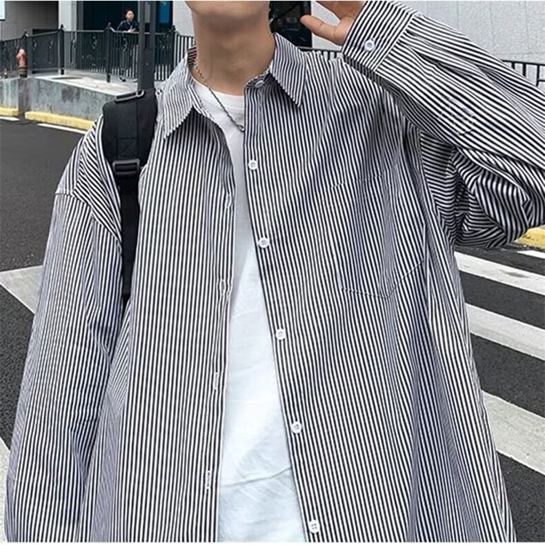 GS05P50现货日系港风条纹长袖衬衫韩版宽松懒慵风情侣长袖外套,男装衬衫,星座1108-5