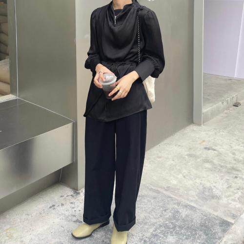 褶皱荡领系带长袖衬衫，女装衬衫，Vase