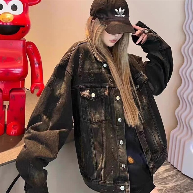 设计感翻领刷漆磨破牛仔夹克外套男士高街潮牌宽松时尚套装两件套，男装夹克，星座218-1（原230）