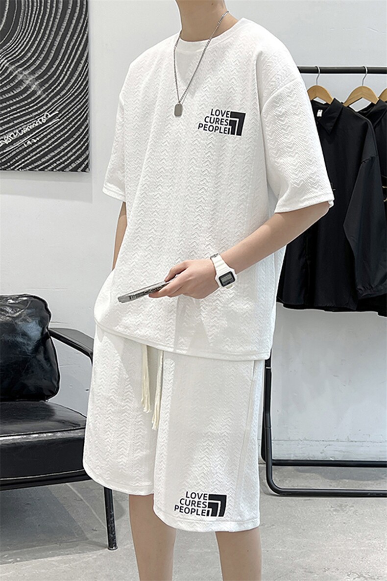 潮牌新款短袖套装立体提花宽松半袖T恤男女TZ300-P55控价75,男装T恤,电商A161-2