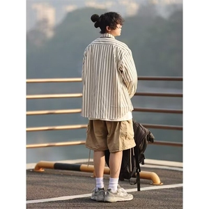 2024日系复古浅色条纹长袖衬衫男女同款百搭文艺休闲衬衣图片