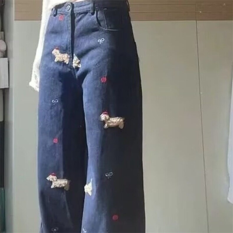 美式复古创意卡通高腰牛仔裤女秋季宽松阔腿设计感休闲百搭长裤子,男装牛仔裤,星座506A