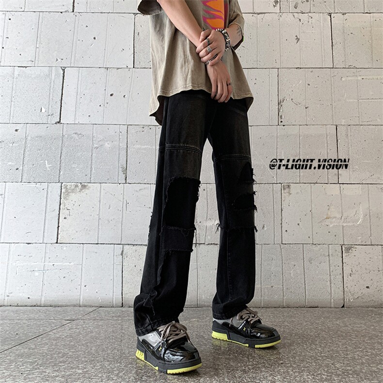 B221美式ins高街暗黑小众撞色破洞直筒牛仔裤LK23109-P65控88,男装牛仔裤,电商B221